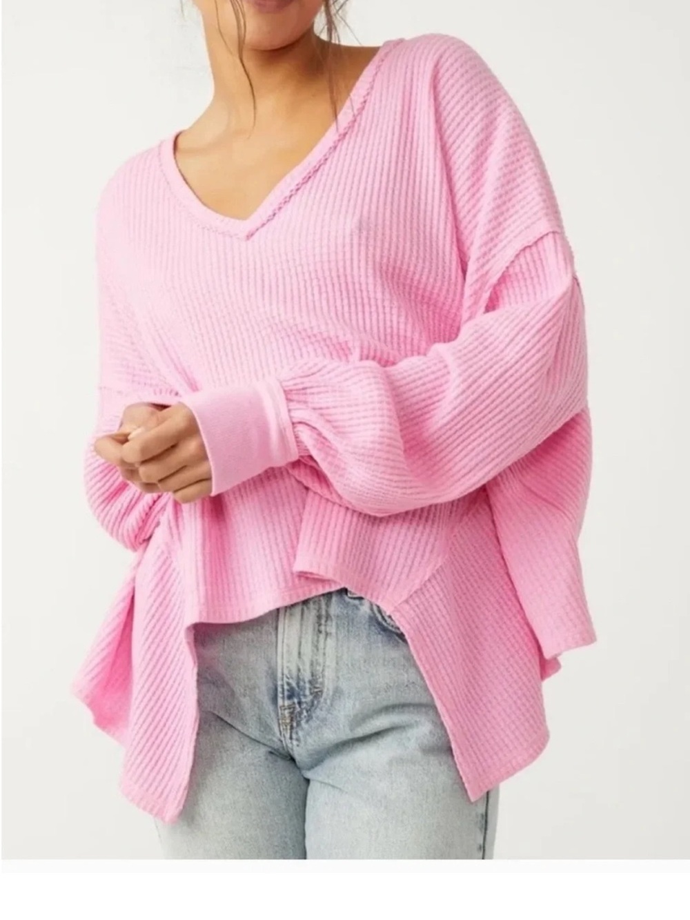 Free People We The Free Coraline Thermal Top Pink Waffle Knit Size XS